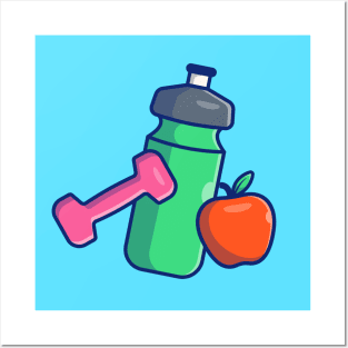 Dumbbell, Apple, And Bottle Cartoon Posters and Art